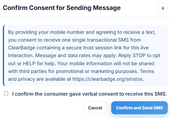 ClearBadge reviewer screenshot showing verbal consent confirmation before SMS delivery